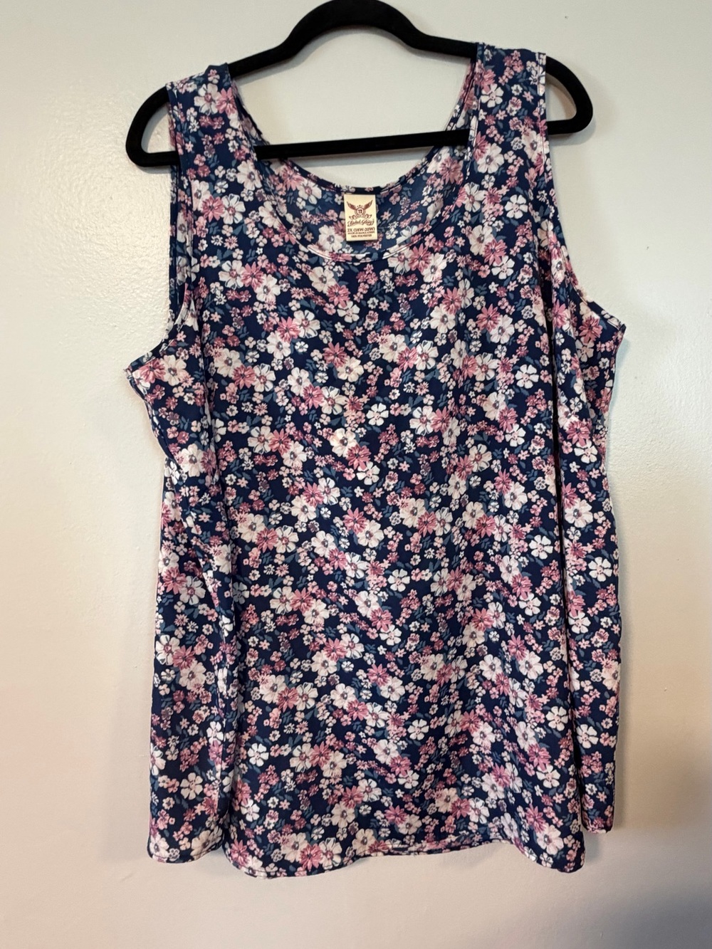 Faded Glory Navy Floral Tank with Pink and White Flowers